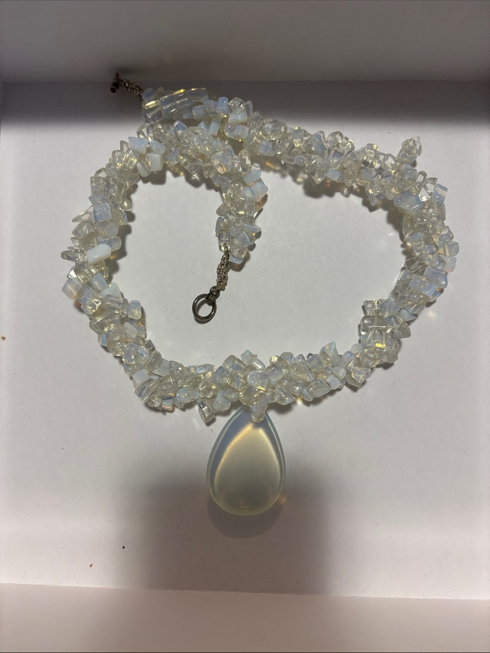 Opalescent White Beaded Teardrop Necklace